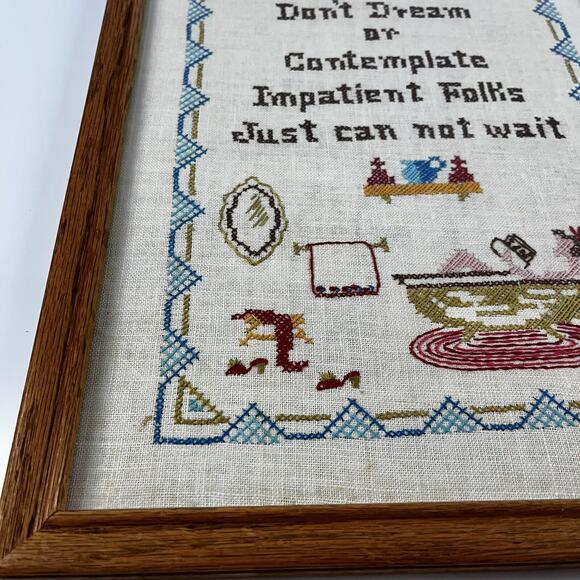 Vintage Framed Cross Stitch Sampler Art Bathroom Bathtub Needlepoint 12x15” - Picture 3 of 6